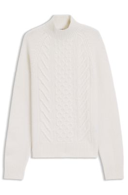 Cable-knit sweater in virgin wool and silk, White