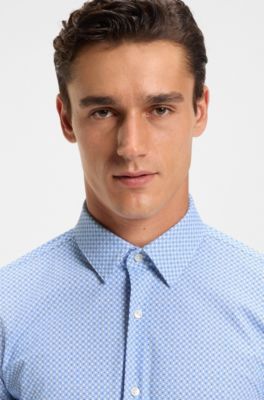 Slim-fit shirt in printed performance-stretch jersey, Blue Patterned