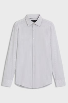 Slim-fit shirt in striped performance-stretch fabric, Light Brown
