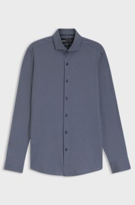 Slim-fit shirt in printed Italian-made performance-stretch jersey, Dark Blue