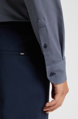 Slim-fit shirt in printed Italian-made performance-stretch jersey, Dark Blue