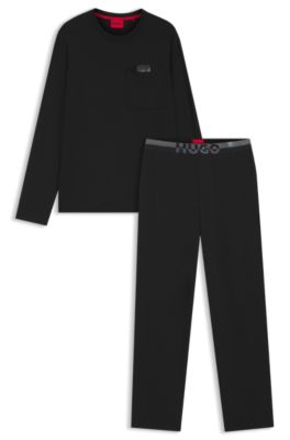Relaxed-fit pyjamas in stretch jersey with split logos, Black