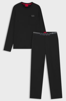 Relaxed-fit pyjamas in stretch jersey with split logos, Black