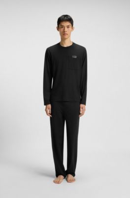 Relaxed-fit pyjamas in stretch jersey with split logos, Black