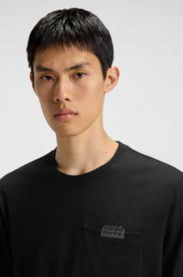 Relaxed-fit pyjamas in stretch jersey with split logos, Black