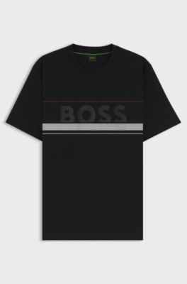 Cotton-jersey T-shirt with stripes and logo, Black