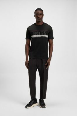 Cotton-jersey T-shirt with stripes and logo, Black