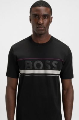 Cotton-jersey T-shirt with stripes and logo, Black