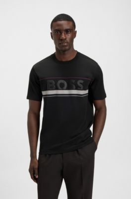 Cotton-jersey T-shirt with stripes and logo, Black