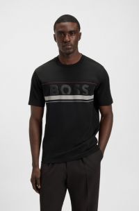 Cotton-jersey T-shirt with stripes and logo, Black
