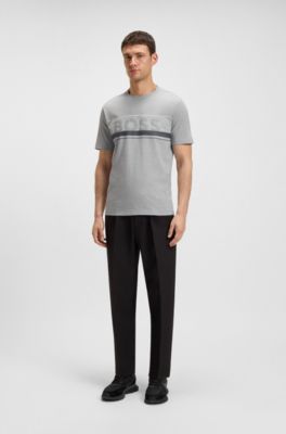 Cotton-jersey T-shirt with stripes and logo, Grey