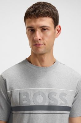Cotton-jersey T-shirt with stripes and logo, Grey