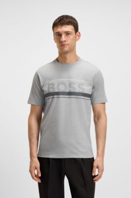 Cotton-jersey T-shirt with stripes and logo, Grey
