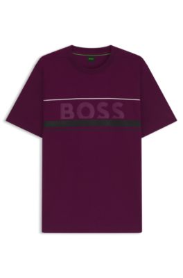 Cotton-jersey T-shirt with stripes and logo, Dark pink