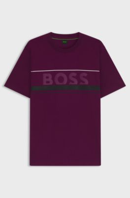 Cotton-jersey T-shirt with stripes and logo, Dark pink