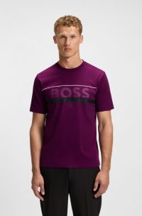 Cotton-jersey T-shirt with stripes and logo, Dark pink