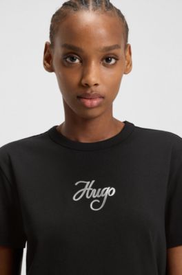 Cotton-jersey T-shirt with glitter-print details, Black