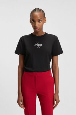 Cotton-jersey T-shirt with glitter-print details, Black