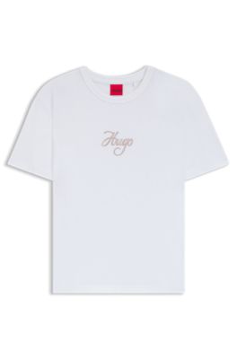 Cotton-jersey T-shirt with glitter-print details, White