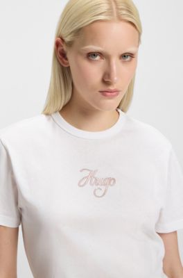 Cotton-jersey T-shirt with glitter-print details, White