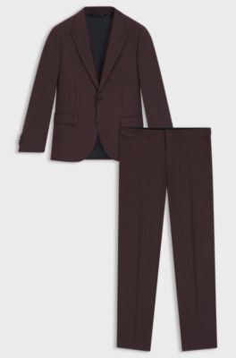 Three-piece slim-fit suit in stretch dobby, Dark Red
