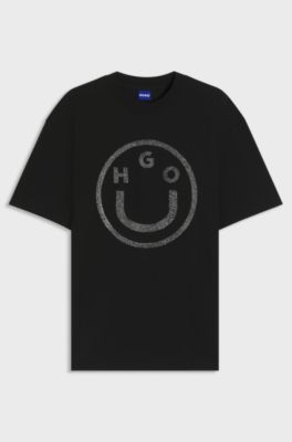 Oversized-fit T-shirt in cotton with Happy HUGO logo, Black
