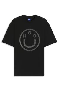 Oversized-fit T-shirt in cotton with Happy HUGO logo, Black