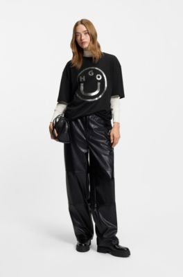 Oversized-fit T-shirt in cotton with Happy HUGO logo, Black