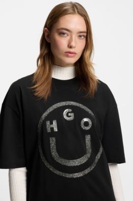 Oversized-fit T-shirt in cotton with Happy HUGO logo, Black