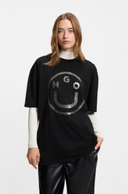 Oversized-fit T-shirt in cotton with Happy HUGO logo, Black