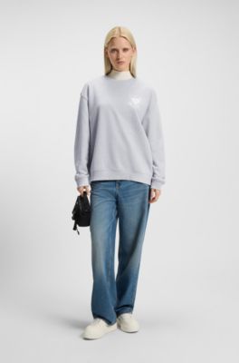 Oversized-fit sweatshirt van katoenen sweatstof met logo-artwork, Lichtgrijs