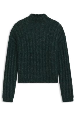 Knitted sweater with ribbed structure, Dark Green