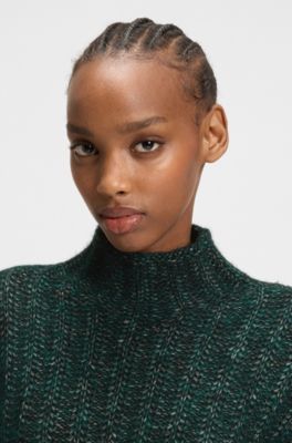 Knitted sweater with ribbed structure, Dark Green