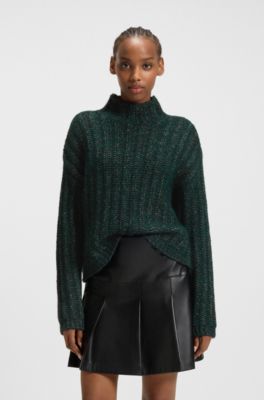 Knitted sweater with ribbed structure, Dark Green