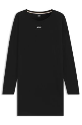 Long-sleeved nightdress in stretch cotton with logo print, Black
