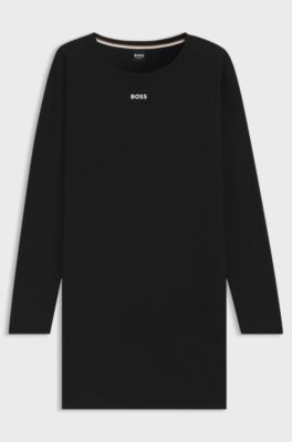 Long-sleeved nightdress in stretch cotton with logo print, Black