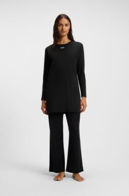 Long-sleeved nightdress in stretch cotton with logo print, Black
