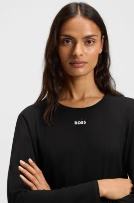 Long-sleeved nightdress in stretch cotton with logo print, Black