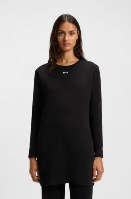 Long-sleeved nightdress in stretch cotton with logo print, Black