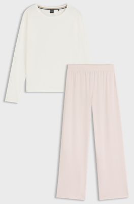 Stretch-cotton pyjamas with logo prints, White / Pink