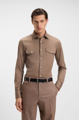 Slim-fit shirt in Italian-made cotton jersey, Beige