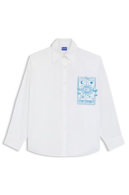 Oversized-fit blouse in cotton with tarot prints, White Patterned