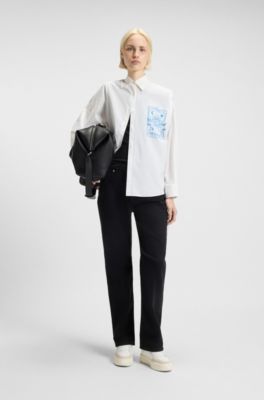 Oversized-fit blouse in cotton with tarot prints, White Patterned