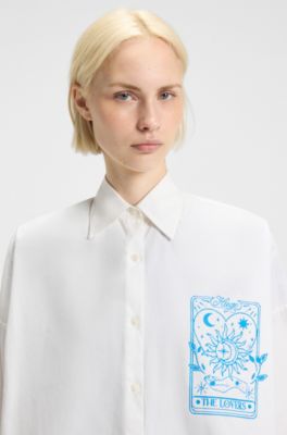 Oversized-fit blouse in cotton with tarot prints, White Patterned