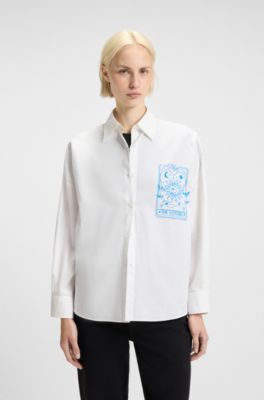 Oversized-fit blouse in cotton with tarot prints, White Patterned