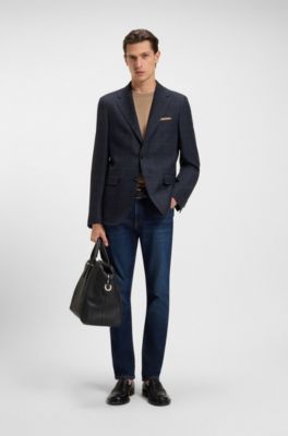 Regular-fit blazer in checked wool and cashmere, Dark Blue