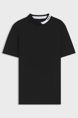Stretch-cotton T-shirt with logo collar, Black