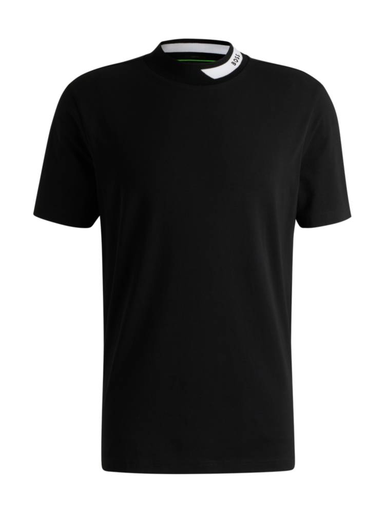 Artikel klicken und genauer betrachten! - Das gerade geschnittene BOSS T-Shirt aus komfortablem elastischem Baumwoll-Jersey sorgt für einen zeitgemäßen Casual-Look. Stehkragen mit kontrastfarbenen Logo-Details. | im Online Shop kaufen