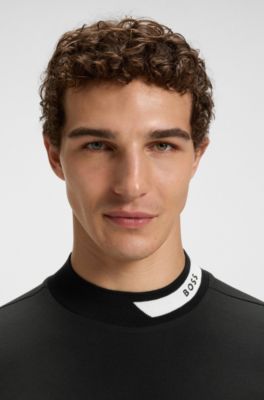 Stretch-cotton T-shirt with logo collar, Black