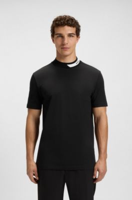Stretch-cotton T-shirt with logo collar, Black